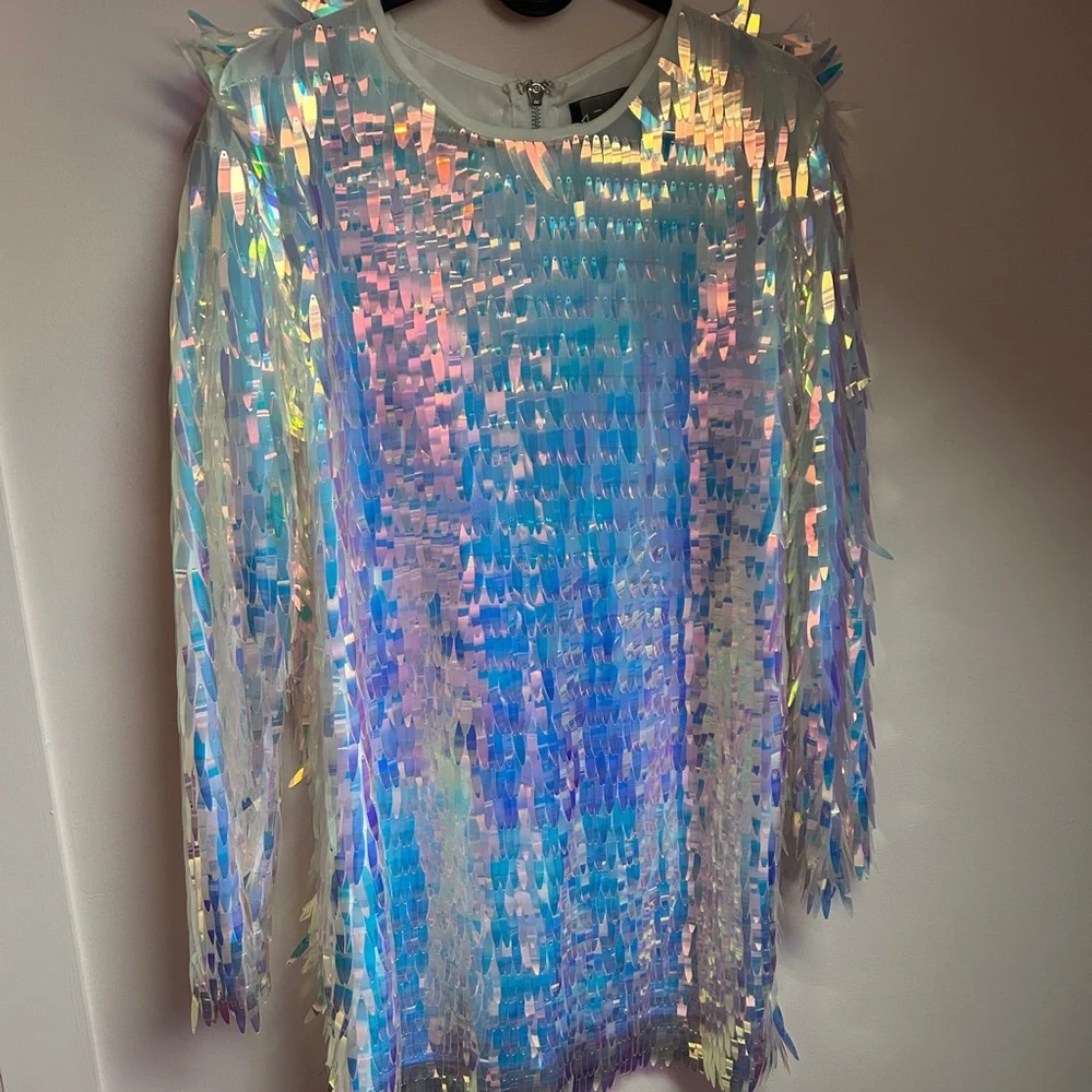 Iridescent Sequin Fringe Party Mini Body Con Dress M - Picture 2 of 16